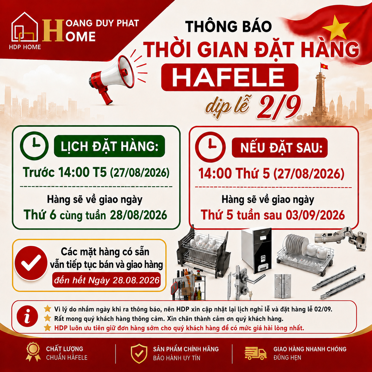 thông báo đặt hàng 2 tháng 9 năm 2026 Hafele Hoàng Duy Phát Home