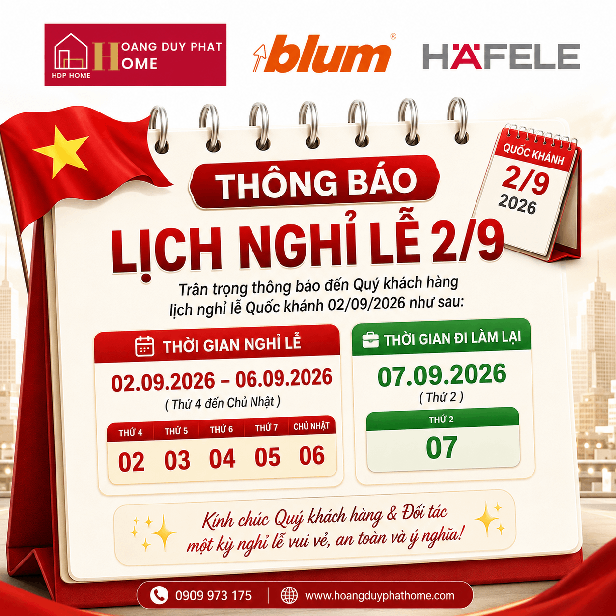 thông báo lịch nghỉ lễ 2/9/2026 - Hafele Hoàng Duy Phát Home