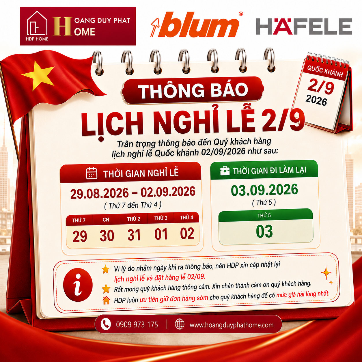 thông báo nghỉ lễ 2 tháng 9 năm 2026 Hafele Hoàng Duy Phát Home